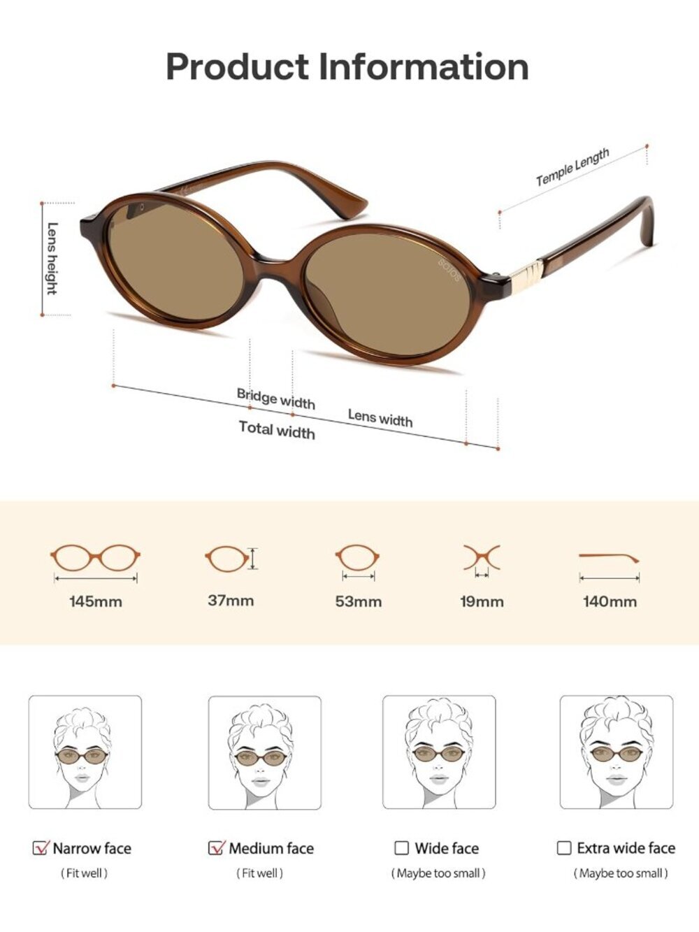 SOJOS Women's Brown Polarized Retro Oval Sunglasses Vintage Trendy Designer - Picture 6 of 6